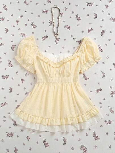 Elamini New Summer Cotton Sweet Yellow Shirt, Cutout Polka Dot Lace Patchwork Design, Casual Peter Pan Collar Short Sleeve Top, Suitable For Daily Wear And Dates