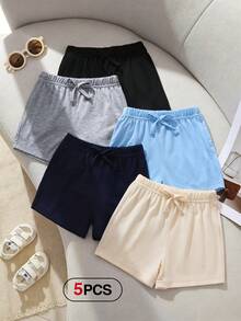 SHEIN Playful Pals 5件裝男嬰幼兒童裝休閒簡約基本款純色鬆緊腰軟綿透氣輕便短褲運動長褲套裝 - 彩色 - 查看 7