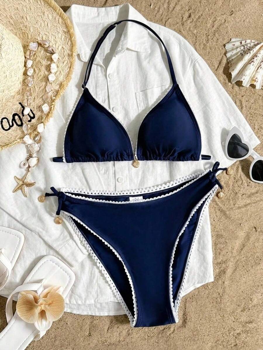 SHEIN 少女纯色简约藏蓝色和白色蕾丝边细肩带比基尼套装,休闲沙滩度假装,夏季时尚新品 - 藏蓝色 - 查看 1