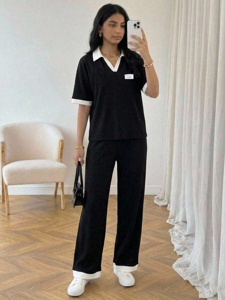 SHEIN 少女休闲百搭日常及假日黑白撞色滚边无袖圆领T恤+阔腿梭织裤套装 - 黑色 - 查看 1