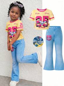 SHEIN 2pcs/Set Young Girl Knitted Letter & Number Pattern Round Neck Pleated T-Shirt And Flare Pants Outfit - Multicolor - View 1