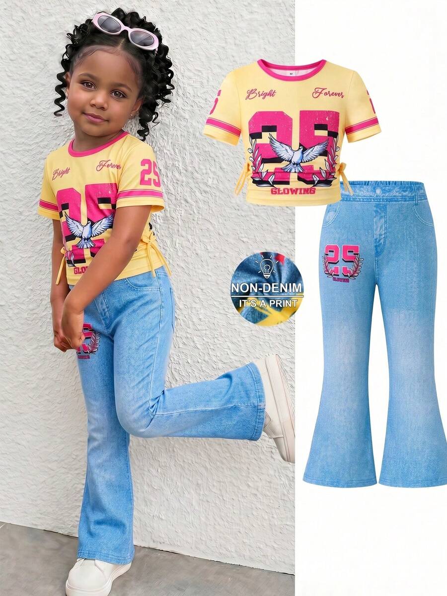SHEIN 2pcs/Set Young Girl Knitted Letter & Number Pattern Round Neck Pleated T-Shirt And Flare Pants Outfit - Multicolor - View 1