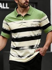 Manfinity Homme 男士绿黑条纹 Polo 衫，成熟风格胸前字母 Logo 休闲短袖上衣，轻便商务休闲撞色领短袖 T 恤，日常通勤 Polo 衫 - 彩色 - 查看 3