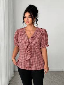 SHEIN Clasi Plus Size Women's Pink And Grey Plaid Woven Puff Sleeve V-Neck Blouse,Elegant Summer Office Work Commute Top,Casual Fitted Blouse For Dates & Parties - Burgundy - View 5