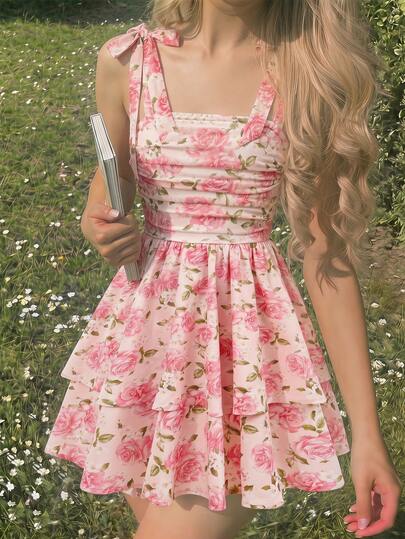 SHEIN Tween Girl Floral Print Layered Ruffle A-Line Dress, Spaghetti Strap, Bow Accent, Elegant Vacation Outfit, Suitable For Spring/Summer, Holidays, Garden Party, Tea Party