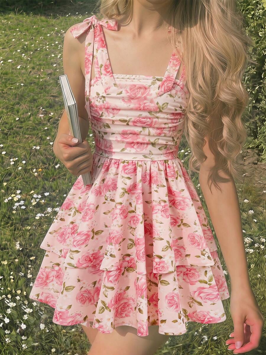 SHEIN 少女碎花印花层叠荷叶边A字连衣裙,细肩带,蝴蝶结装饰,优雅度假装扮,适合春夏、假日、花园派对、下午茶派对等场合。 - 粉色 - 查看 1