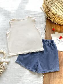 SHEIN Vintaside Kids 女童夏季圆领无袖简约休闲时尚百搭背心，搭配时尚百搭休闲水洗牛仔短裤套装，适合旅行、度假或日常休闲参加家庭聚会。 - 白色 - 查看 2