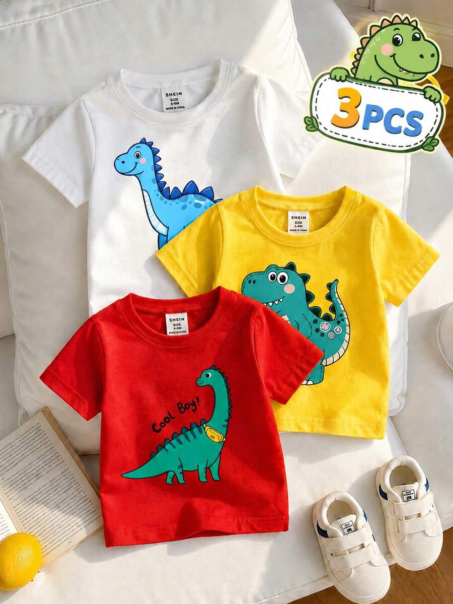 SHEIN Playful Pals 3件裝新生兒男嬰幼兒 6個月-3歲恐龍印花柔軟針織圓領短袖T恤 白色夏季休閒可愛 托兒日日常穿著 - 彩色 - 查看 1