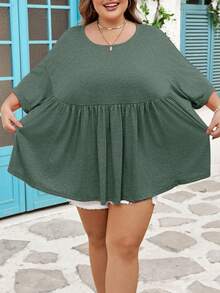 SHEIN CURVE+ Curve 尺码 US22 音乐节、海滨度假、波西米亚风女士超宽松弹力娃娃衫 T 恤 - 墨綠色 - 查看 3