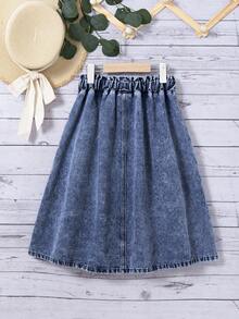 SHEIN 青少年女孩寬鬆休閒A字裙 荷葉邊裙襬前開衩牛仔長裙 夏季度假適用 - 深色水洗藍 - 查看 2