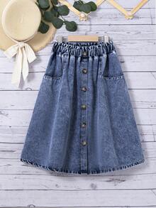 SHEIN 青少年女孩寬鬆休閒A字裙 荷葉邊裙襬前開衩牛仔長裙 夏季度假適用 - 深色水洗藍 - 查看 7