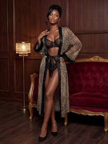 Leopard Print Mesh Patchwork Fuzzy Robe - Multicolor - View 3
