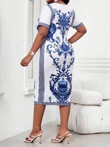 SHEIN Lady Đầm ngắn tay, ôm dáng, in hoa, cổ vuông, thanh lịch dành cho nữ cỡ lớn - Nhiều màu - Xem 2