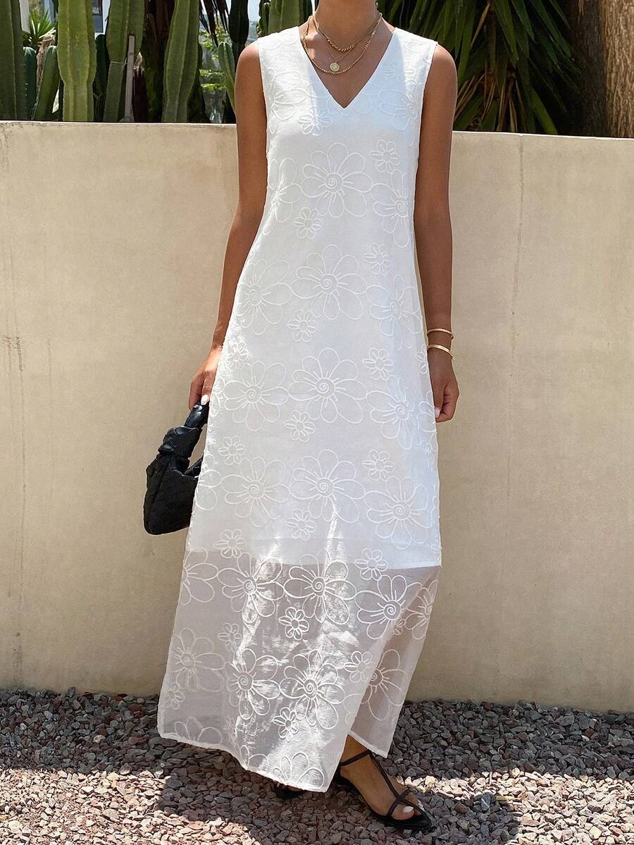 Livesso Sleeveless V-Neck Textured Fabric Women Tank Top - White - View 1