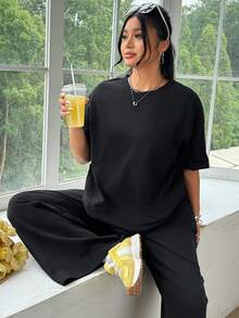 SHEIN EZwear 大码夏季休闲纯色圆领短袖T恤和裤子两件套 - 黑色 - 查看 5