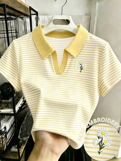 Resyla Damen Gelb & Weiß gestreiftes Poloshirt, Gänseblümchen bestickte V-Ausschnitt Kurzarm Jersey Oberteil, lässiges süßes Sommer T-Shirt, Geschenk für sie