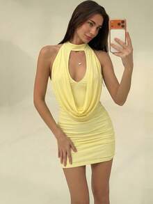 Nuevo vestido mini ajustado sin mangas con cuello asimétrico drapeado de malla para mujeres jóvenes sexy en color marrón, adecuado para mujeres, fiestas, bodas, vacaciones, unicolor - Amarillo claro - Ver 9