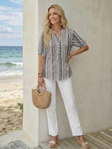 EMERY ROSE Women's Geometric Pattern Shirt, Versatile Summer Casual Vacation,Summer Top - Multicolor - View 4