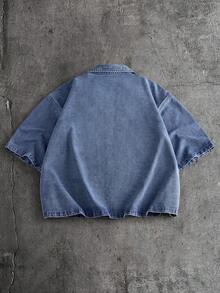 AXEPEAK Bộ đồ nam cỡ lớn phong cách thường ngày đường phố, áo sơ mi ngắn tay và quần jean denim, thích hợp cho đi làm hàng ngày, mùa xuân/hè. - Màu xanh lam - Xem 3