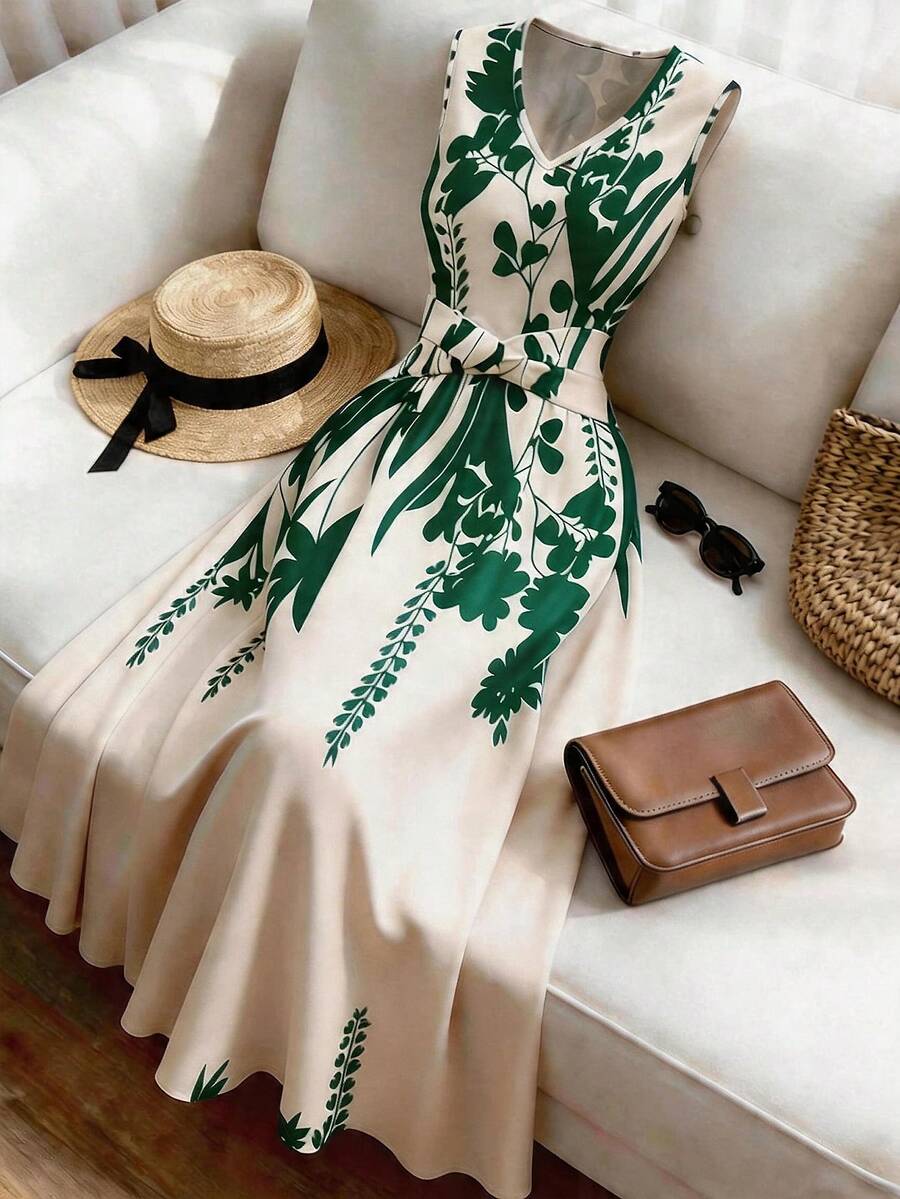 Franclia Đầm nữ thời trang thường ngày không tay, đơn giản, in họa tiết, dáng xòe, thắt eo, thích hợp cho kỳ nghỉ hè, đi làm mùa xuân/hè, ở nhà, hẹn hò, hàng ngày, mùa hè, tiệc tùng, đi biển, mùa tốt nghiệp, công sở, thời trang đa năng hàng ngày, đầm cổ chữ V, đầm xòe thắt eo. - Nhiều màu - Xem 1