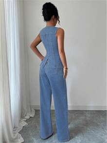 Elenzga Plus Size Fashionable Minimalist Baggy Casual Formal Denim Vest And Pants 2 Pieces Set Light Blue Summer Party - Light Wash - View 2