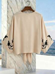Raffinéa Blusa de vacaciones con cuello en V y lazo con estampado floral de albaricoque, conjunto de ropa de verano para mujer - Albaricoque - Ver 2