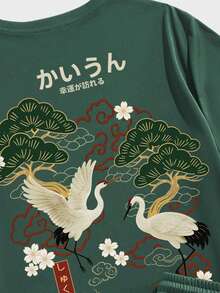 Torvinic 休闲夏季浮世绘云鹤图案印花绿色短袖T恤套装，适合夏季穿着 - 綠色 - 查看 2