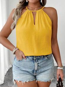EMERY ROSE Plus Size Fashionable Apricot Spaghetti Strap Casual Loose Slimming Camisole With Sexy Shoulder Strap Design, Elegant For Women - Yellow - View 6