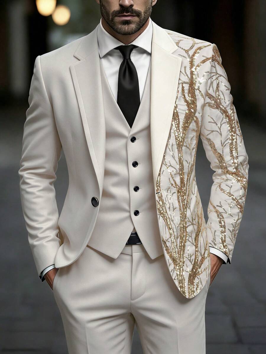 Manfinity Bizformal Men's Sequin Detail Splice Button Long Sleeve Jacket And Pocket Long Pants Suit Set, Ceremony, Formal - Apricot - View 1