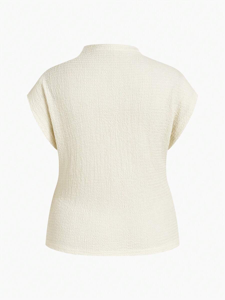 MOTF PREMIUM PLUS TEXTURED ASYMMETRIC COLLAR METAL BUCKLE ACCENT LONG SLEEVE T-SHIRT, SPRING/SUMMER - Apricot - View 2