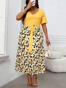 Villa Velisse Plus Size Women V-Neck Tie-Up Patchwork Geometric Print Short Sleeve Dress - Yellow - View 4