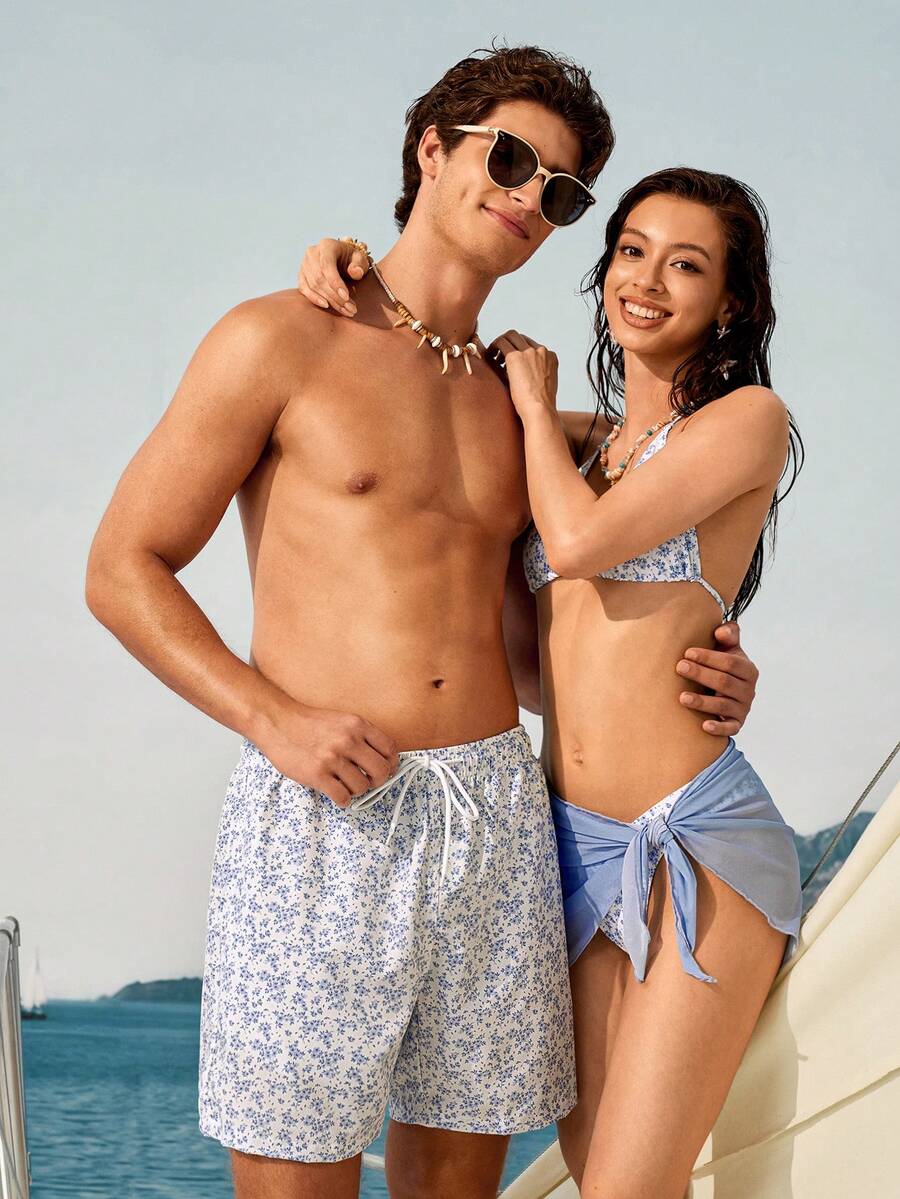 Manfinity VDAYZ Quần short đi biển dáng rộng, họa tiết hoa nhí, túi xéo, cạp chun, kiểu dáng thường ngày. - Màu xanh nhạt - Xem 1
