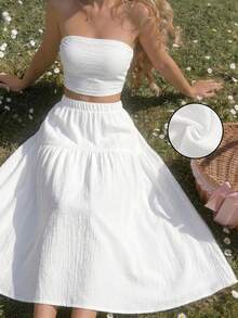 SHEIN Sparklyn 2pcs Teenage Beach Vacation Solid Color Knit Tube Top & Skirt Set - White - View 4
