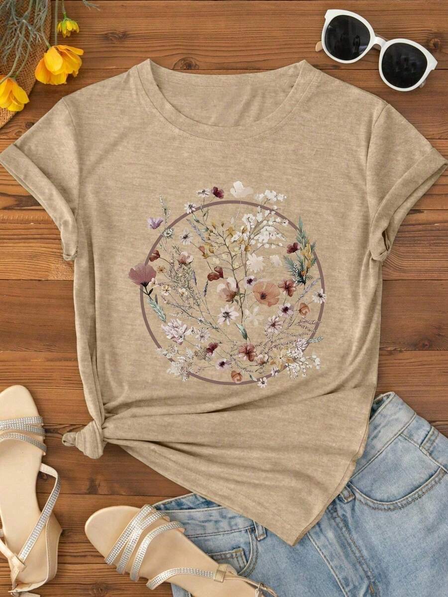 SHEIN Áo thun nữ cỡ lớn tay ngắn cổ tròn dáng thường ngày mùa hè - Màu Khaki - Xem 1