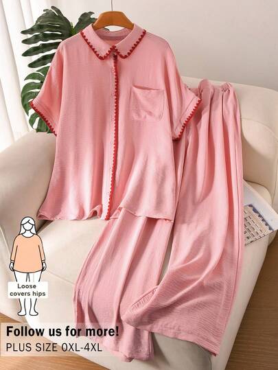 CosyJoli Plus Size Women's Pink 2 Pieces Set, Casual Pants Suit With Shell Flower Contrast Trim