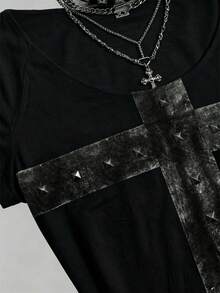 EgrlEra Women's Retro Dark Punk Style Rivet Decor Graphic Print T-Shirt - Black - View 4
