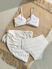 SHEIN Tween Girls' Summer Beach Vacation Solid Color Textured Fabric Metal Starfish Decor Bikini 3-Piece Set: Bikini Set, Cover-Up, And Skirt - Apricot - View 2