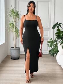 SHEIN EZwear 大码女式纯色开衩休闲派对吊带裙 - 黑色 - 查看 4