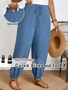 SHEIN CURVE+ Quần dài cạp cao có dây rút dành cho người có thân hình đầy đặn - Màu xanh lam - Xem 1