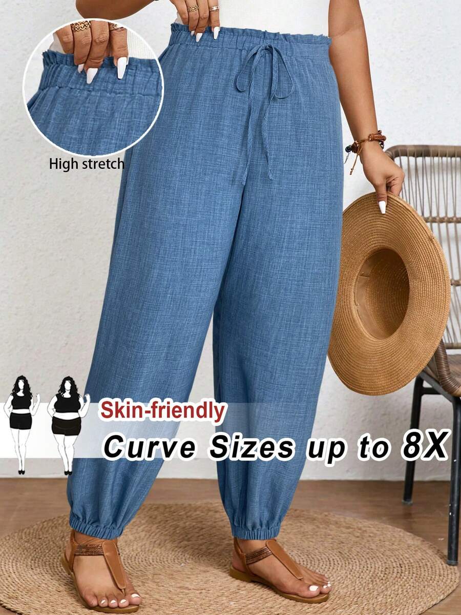 SHEIN CURVE+ Quần dài cạp cao có dây rút dành cho người có thân hình đầy đặn - Màu xanh lam - Xem 1