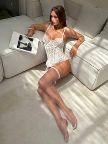 Aloruh 3pcs Set: Sexy Lace See-Through Bodystocking With Ruffle Trim And Garter Belts For Going Out - White - View 6