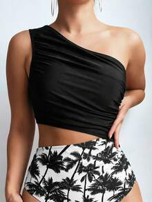 SHEIN Swim 女款一件式泳衣，不對稱肩帶，純色拼接豹紋印花，無袖，休閒熱帶性感蕾絲舒適沙灘款 - 彩色 - 查看 4