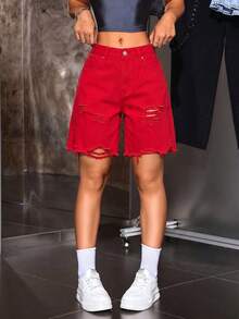 SHEIN Tall 女款時尚百搭破洞毛邊口袋鈕扣牛仔短褲，適合高個女性 - 紅色 - 查看 4