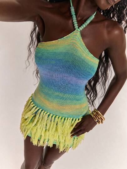 SHEIN BAE Vestido sexy sin mangas con cuello halter y flecos, vestido de fiesta de noche de playa de bloque de color ajustado al Body