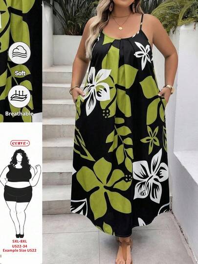 SHEIN CURVE+ Vestido suelto y cómodo con tirantes finos y espalda descubierta con estampado de árbol, adecuado para vacaciones y playa en tallas grandes