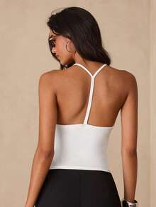 Glamine Top Branca Sexy com Decote em V, Costas Abertas e Sem Mangas, Franzida, Elegância Elevada, Roupas de Rave, Festival, Streetwear, Top de Show, Top de Boate, Top para Encontro, Top de Aniversário de Mulher, Peça Essencial para Festa, Top de Formatura, Top para Sair, Top de Malha Casual - Branco - Visão 2