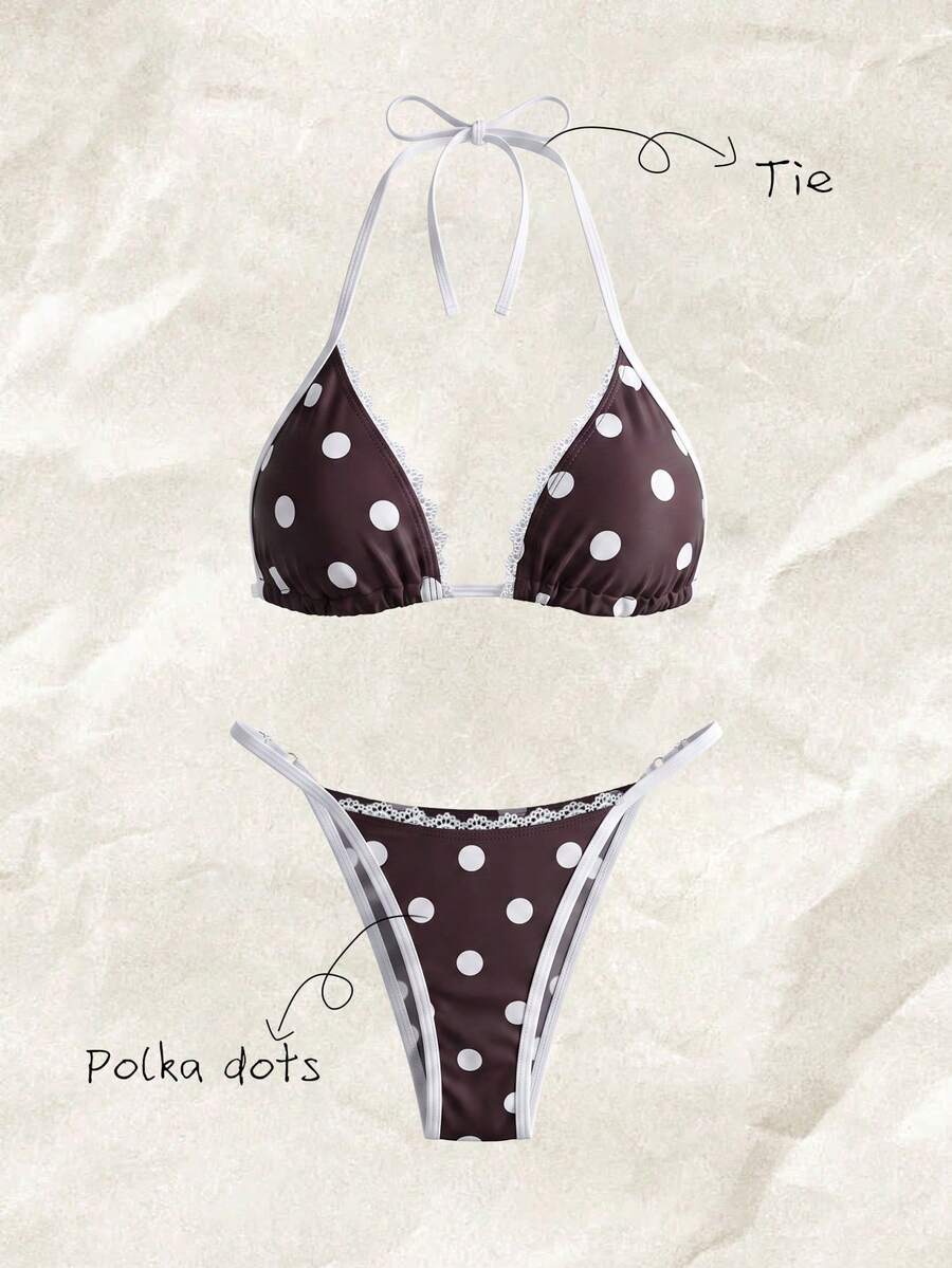 Elavelle Bộ bikini nữ cổ yếm xếp nếp in họa tiết ngẫu nhiên, thích hợp cho mùa xuân/hè. - Nhiều màu - Xem 1