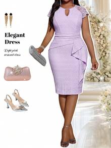 Fleurora Elegant Lavender Plus Size Women's Midi Dress With Lace Detail And Keyhole Neckline Perfect For Office Or Special Occasions Purple Dress Elegant Dresses For Women Wedding Guest Dress Festival Outfits For Women - Mauve Purple - View 6
