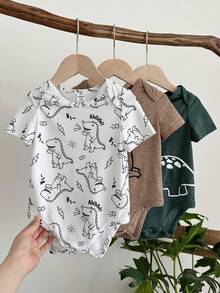 LMoss Kids 3pcs Baby Boy Knitted Solid Color Dinosaur Pattern Round Neck Casual Romper Set - Multicolor - View 9