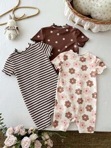 SHEIN Bộ 3 món áo liền quần dệt kim họa tiết hoa dễ thương cho bé gái, kiểu dáng thường ngày. - Nhiều màu - Xem 2